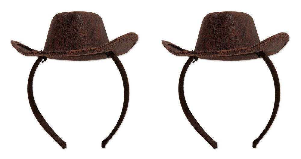 5658 Cowboy Hat Headbands – 2 Pack Brown Faux Leather Western Mini Cowgirl
